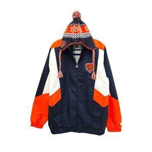 Starter Chicago Bears Nylon Full Zip Jacket With Knit Pom Hat Bundle Mens Sz L
